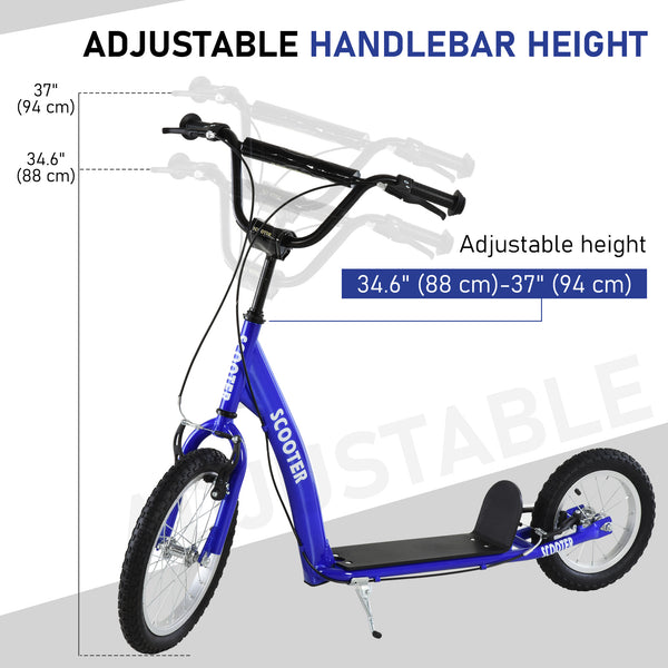 Scooter with adjustable handlebars, double brakes, inflatable wheels, dark blue