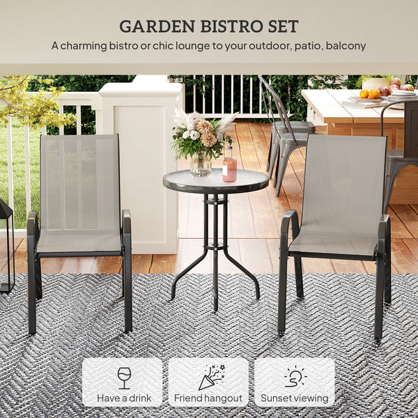 3-Piece Bistro Set with Stackable Mesh Chairs, Glass Table for Garden and Balcony, Light Grey