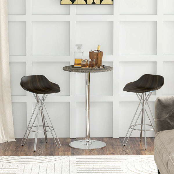 Adjustable bar table with synthetic rattan top and steel base, brown