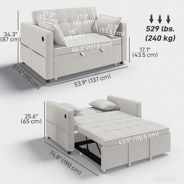 3-in-1 Convertible Sofa Bed, Pull Out Sleeper Sofa with USB Charging, Adjustable Backrest, Side Pockets, Beige