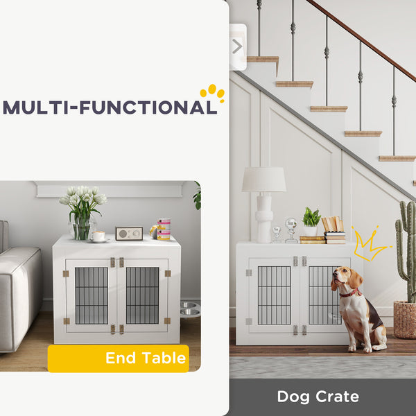 Dog crate furniture with removable bowls and two doors, white