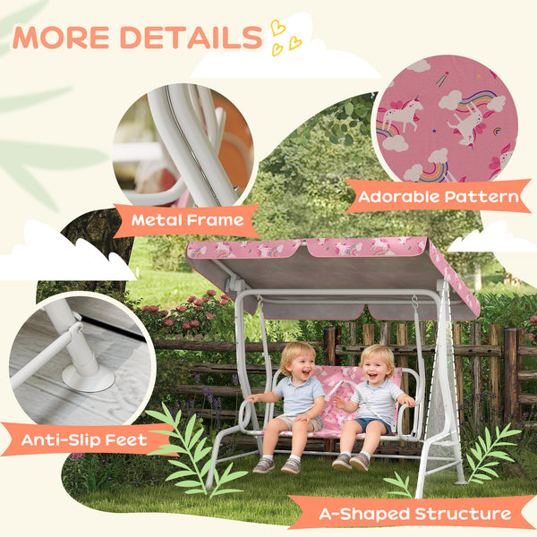 Qaba Kids Porch Swing, 2-Seater Patio Swing Bench with Safety Belts, Adjustable Canopy for Backyard, Garden, Pink