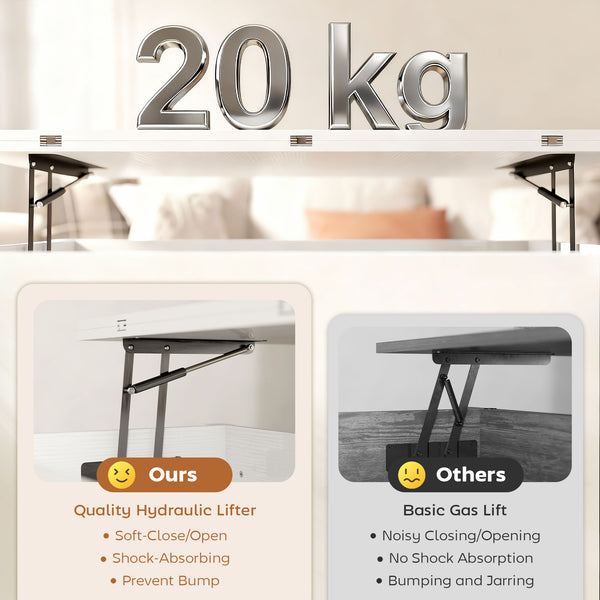 Lift-top extendable coffee table with double surface and integrated storage, white