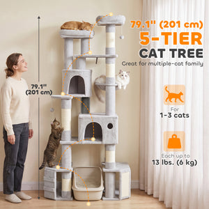 79-inch 5-level giant cat tree with 2 condos, hammock and scratching posts, gray