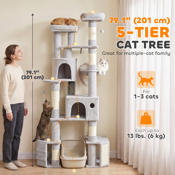 79-inch 5-level giant cat tree with 2 condos, hammock and scratching posts, gray