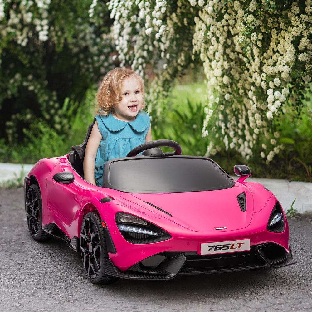 Voiture électrique 12 V McLaren 765LT rose pour enfants, sous licence officielle, avec portes en ciseaux, télécommande, démarrage lent, roues de transport et klaxon musical