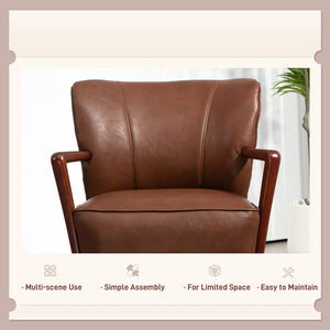 Modern upholstered armchair in faux leather with wooden legs and wide padded seat, brown
