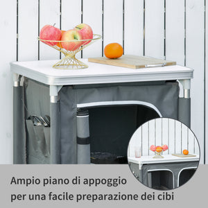 Aluminum camping cooking station with 2-shelf cabinet and carrying bag