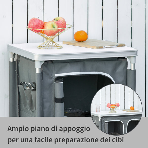 Aluminum camping cooking station with 2-shelf cabinet and carrying bag