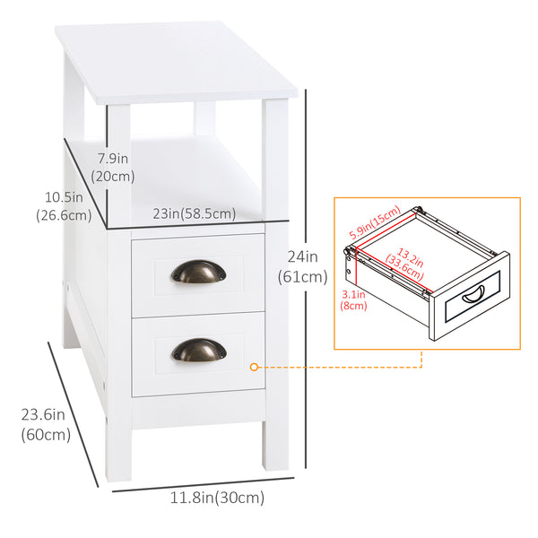 Narrow side table with 2 drawers and storage shelf, white