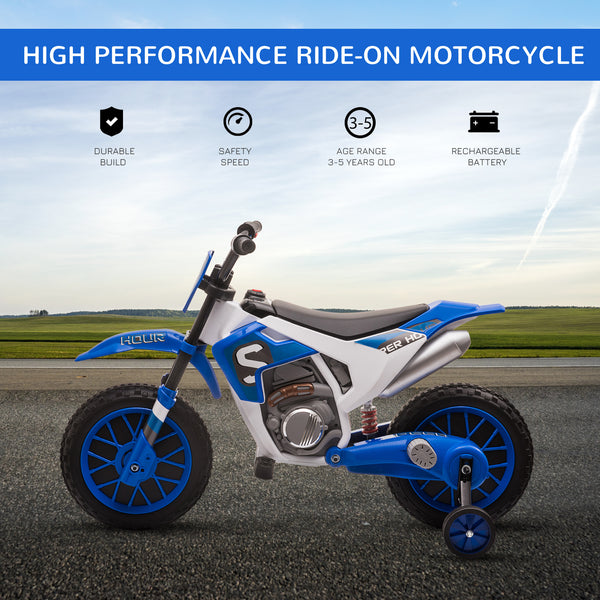 12V Electric Motorcycle with Training Wheels, Blue
