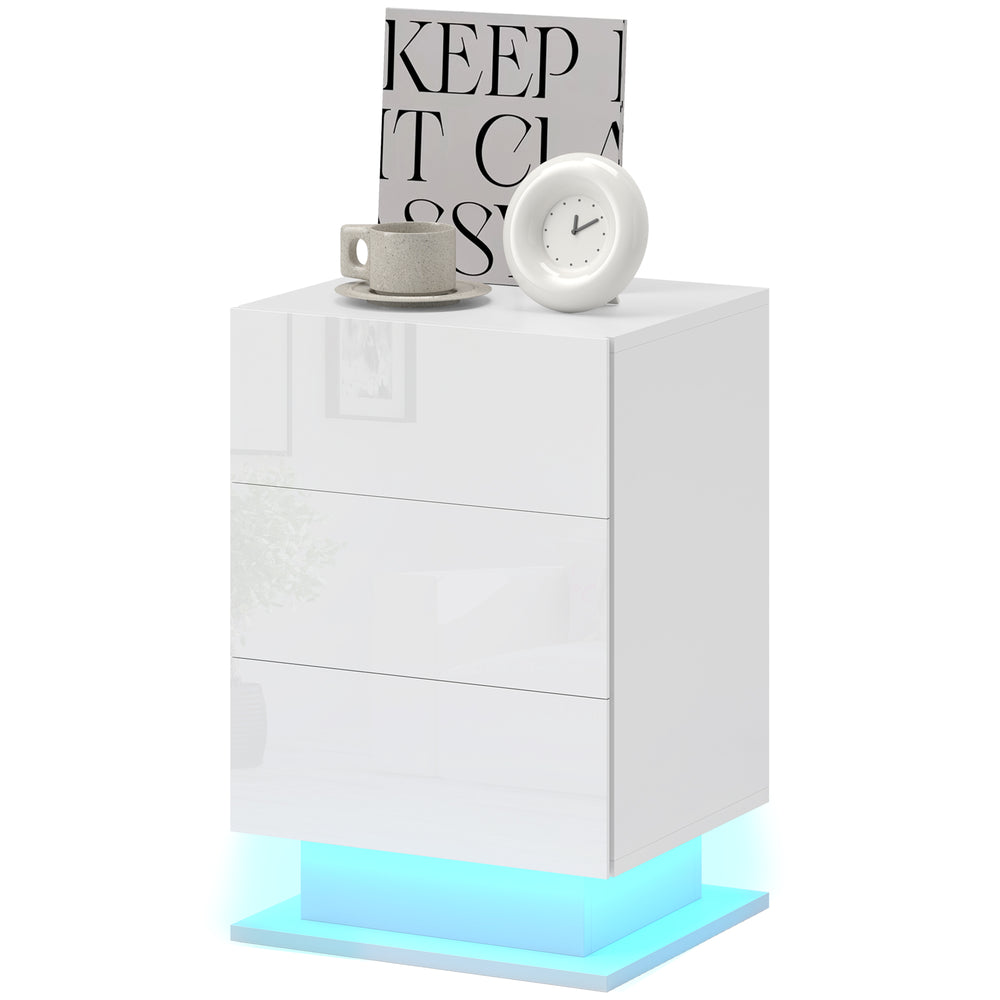 Modern bedside table with RGB LED lighting and 3 drawers – White