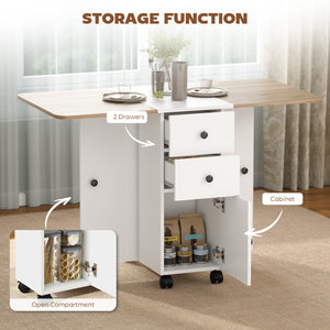 Mobile folding table on casters with drawers and cupboard, white and oak
