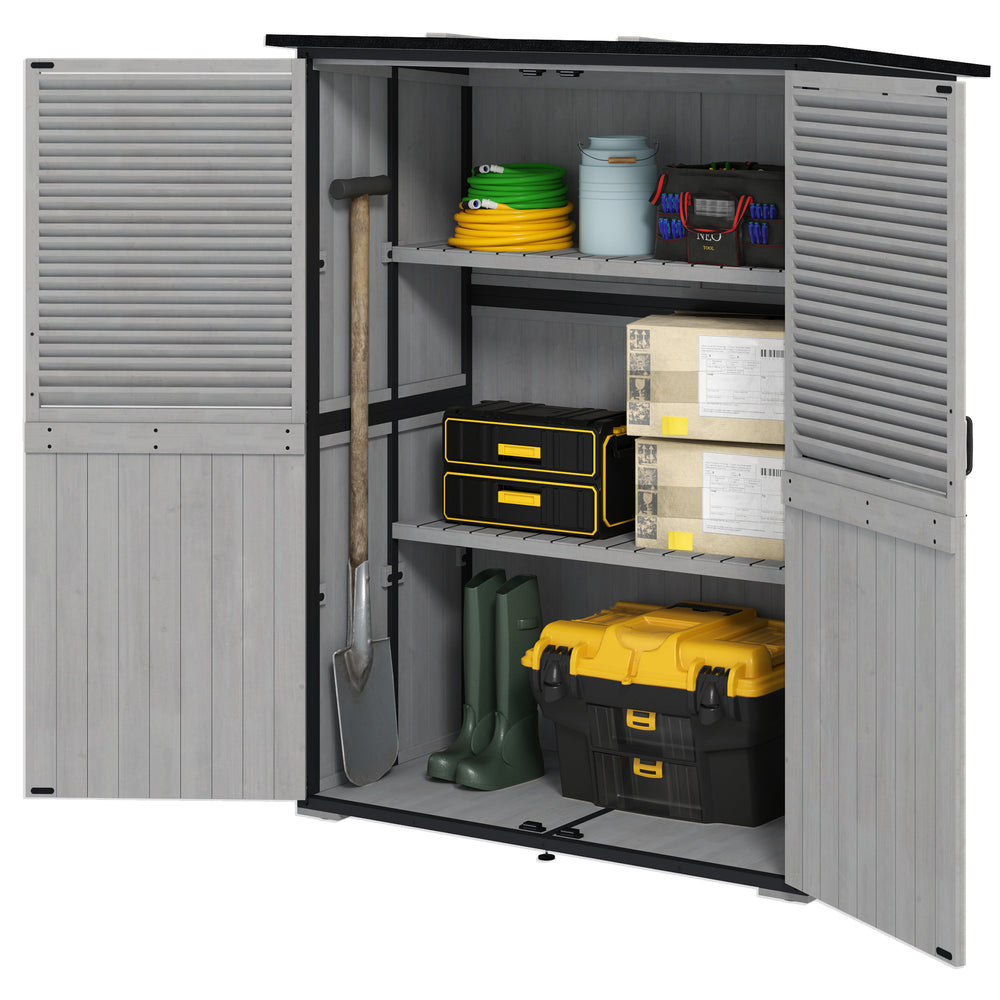 Wooden garden shed, steel frame, asphalt roof, 2 shelves and lockable doors, gray