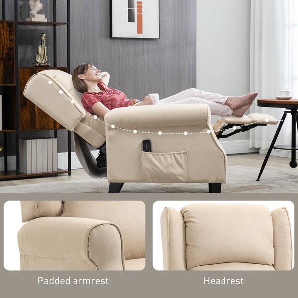 Reclining massage armchair with extendable footrest, wooden legs, remote control, side pockets, beige