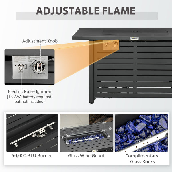 Outdoor propane gas fire pit with steel tray and lid and glass windscreen