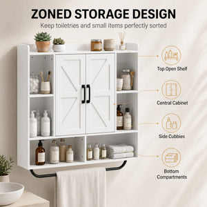 Bathroom wall cabinet with adjustable shelf and towel rack, white