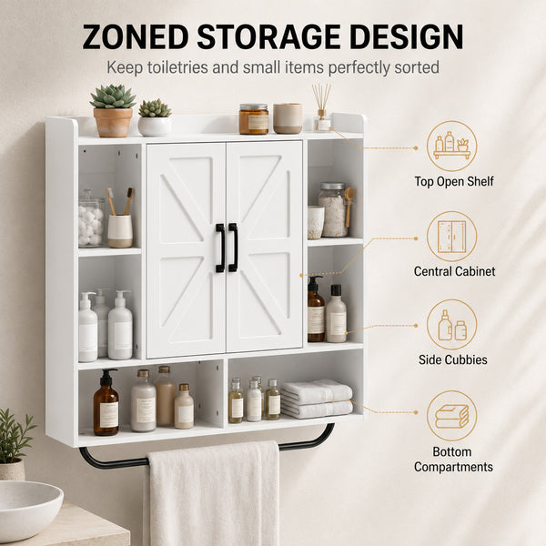 Bathroom wall cabinet with adjustable shelf and towel rack, white
