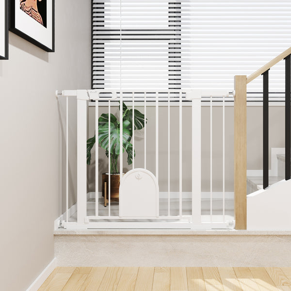 Extra-wide safety gate with small door, white