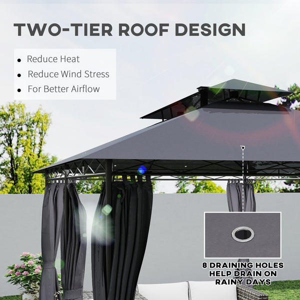 10' x 13' Outdoor Gazebo with Curtains and Solar Powered LED Lights, Double Roof Patio Shelter