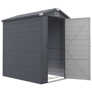 Plastic garden shed with latch door, vents, sloping roof, dark grey