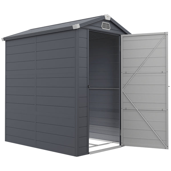 Plastic garden shed with latch door, vents, sloping roof, dark grey