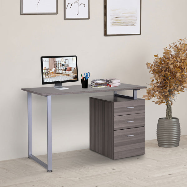 Computer desk with reversible multi-purpose filing drawers, dark wood look