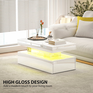 LED coffee table with 2 drawers and open shelf, glossy white