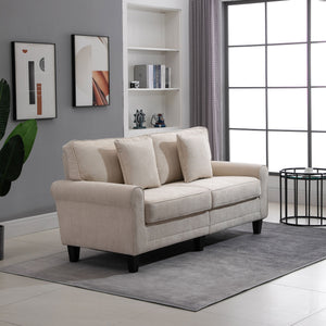 Modern 3-seater sofa in corduroy fabric, pine legs and rolled armrests, beige