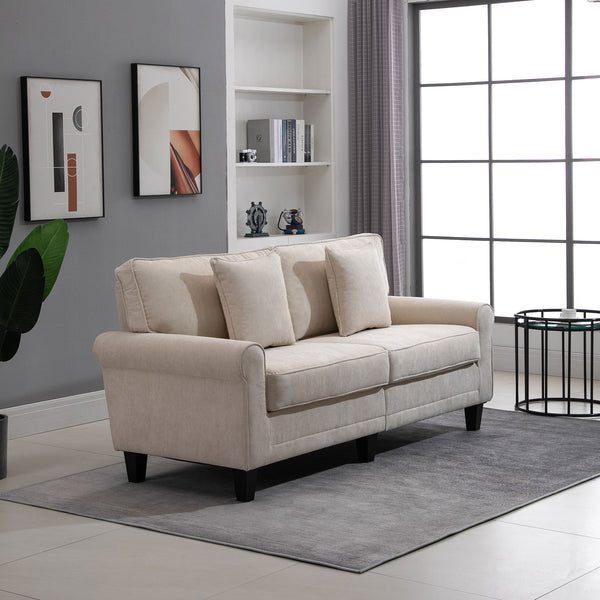 Modern 3-seater sofa in corduroy fabric, pine legs and rolled armrests, beige