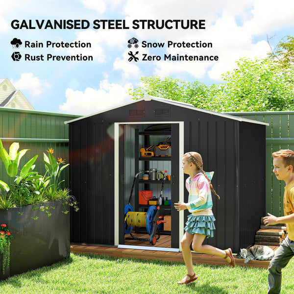 Metal garden shed with lockable sliding doors and ventilation