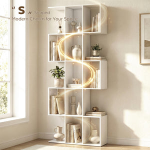 S-shaped 5-tier bookcase with 15 compartments, white wood look