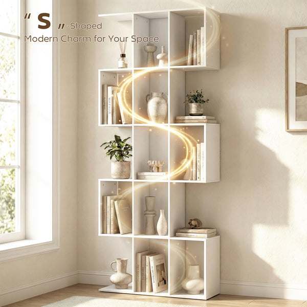 S-shaped 5-tier bookcase with 15 compartments, white wood look