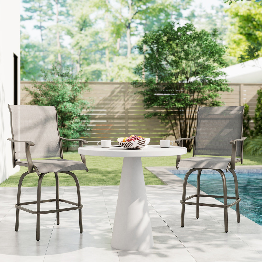 Outdoor Bar Stools Set of 2, Swivel Bar Height Chairs with High Back, Curved Armrests and Steel Frame, Light Grey
