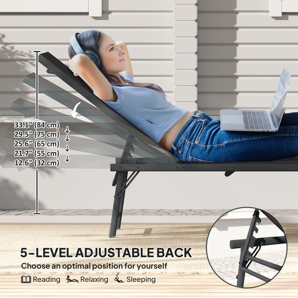 2 Pieces Folding Outdoor Lounge Chairs, Reclining Chaise Lounge Tanning Chair w/ Adjustable Back, Mesh Seat, Black