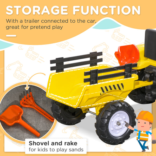 Ride-on excavator with rear trailer, shovel and rake