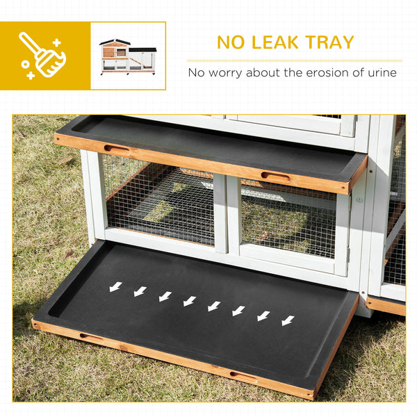 Wooden hutch with wheels, enclosure, tray, and ramp