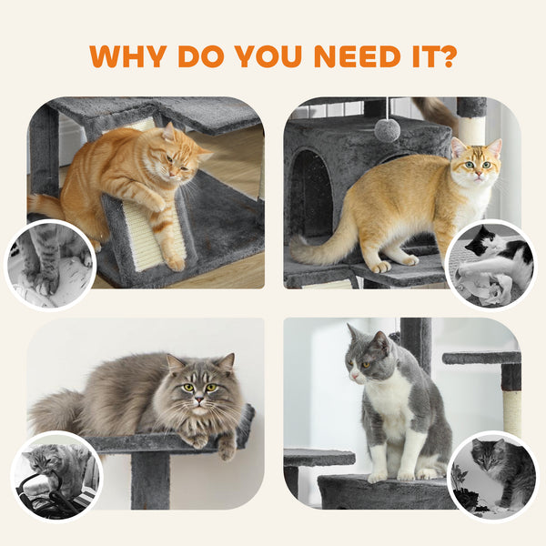 63" Cat Tree, Multi-Level Cat Tower with Scratching Posts, Cat Condos, Bed, Platforms, Ramp, Toy Ball, Dark Gray