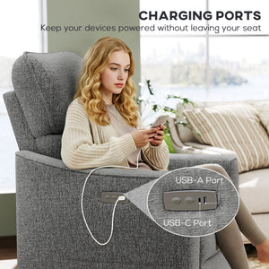 Electric reclining armchair, linen-look fabric upholstery, USB ports, footrest, dark grey