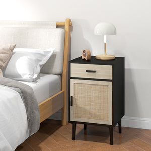 Set of 2 bohemian bedside tables with drawer and cabinet, black