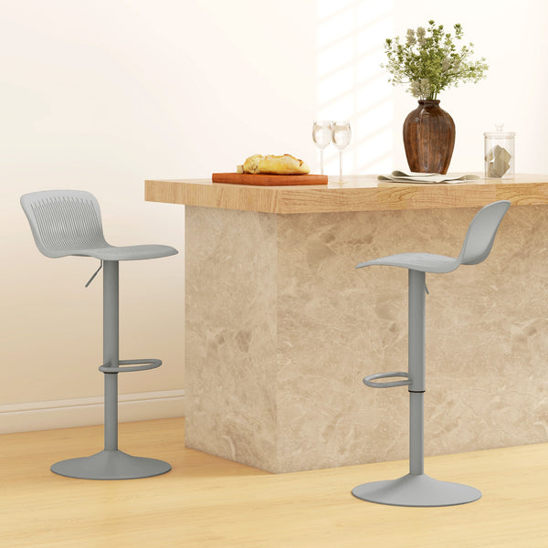 Set of 2 swivel bar stools in polypropylene, adjustable height, footrest and backrest, gray