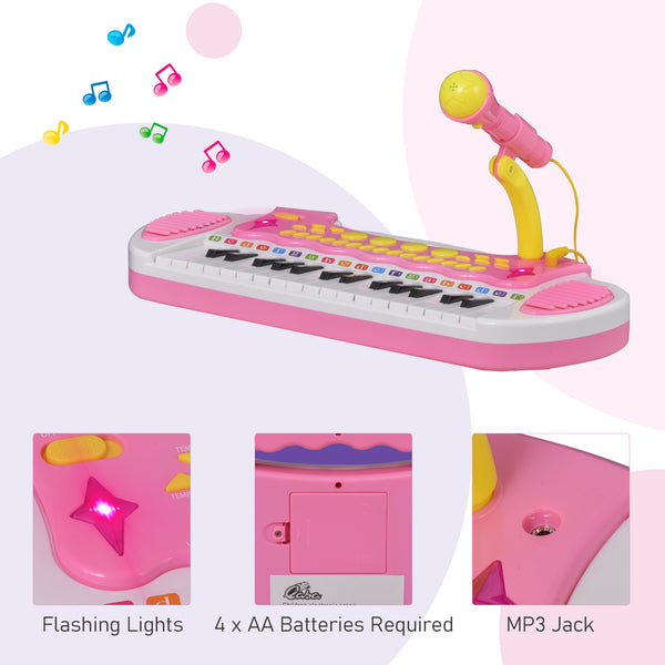 Piano keyboard with stool, working microphone and bright flashlight, pink