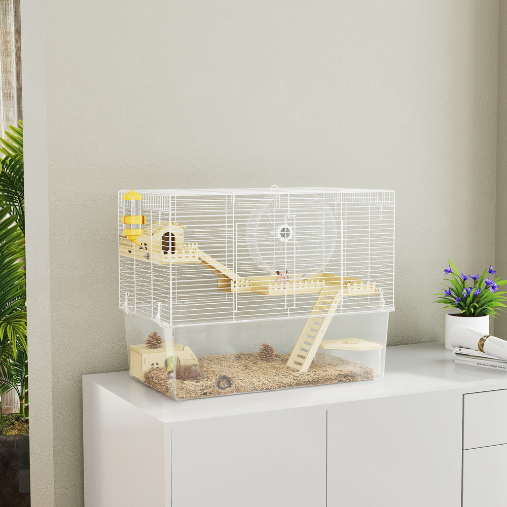 Deep Hamster Cage, Wooden Ramp, Hut, Exercise Wheel for Hamster and Gerbil, White