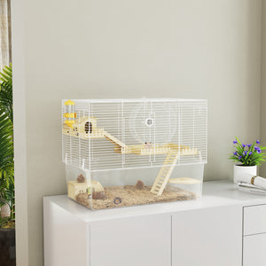 Deep Hamster Cage, Wooden Ramp, Hut, Exercise Wheel for Hamster and Gerbil, White