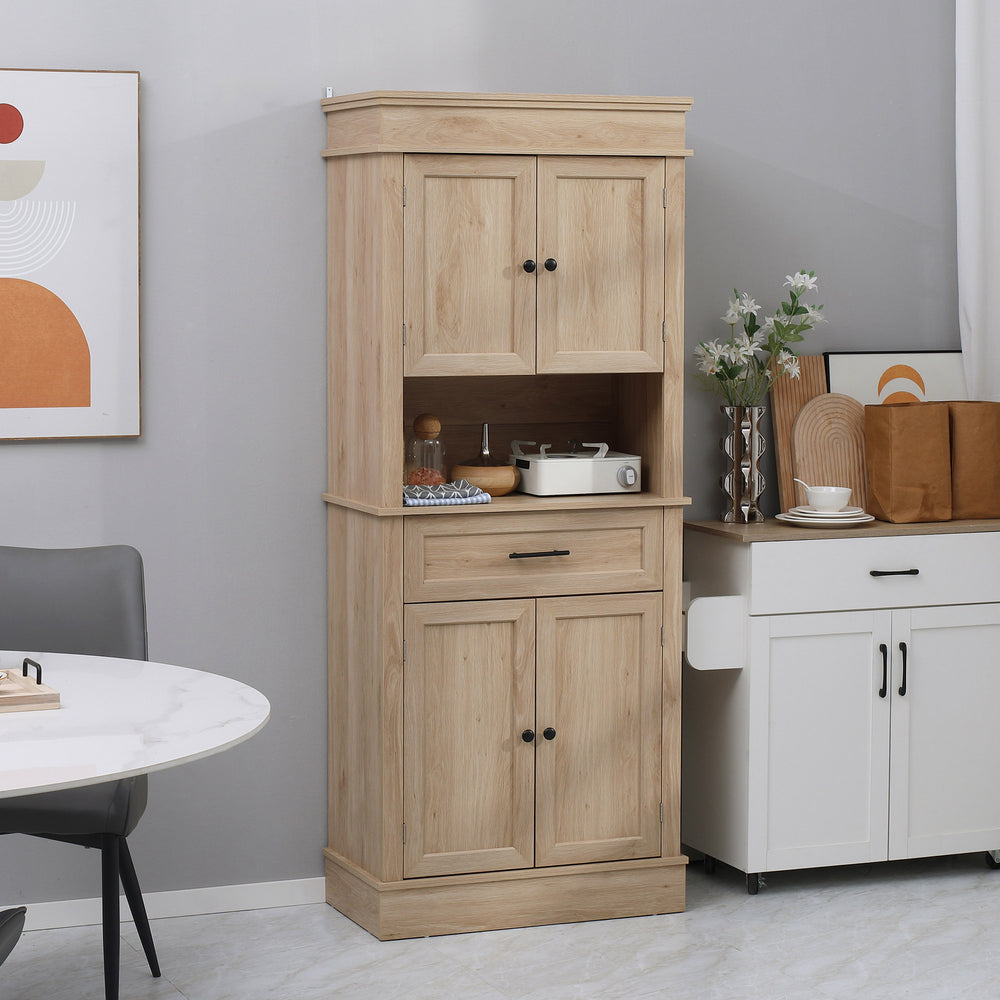 Modern kitchen cabinet with doors, open and adjustable shelves, oak