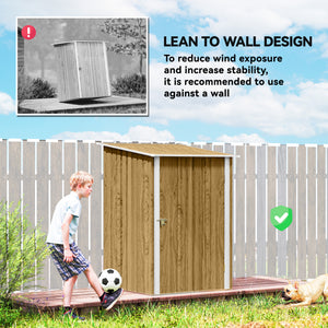 Compact galvanized steel garden shed with lockable door, wood color