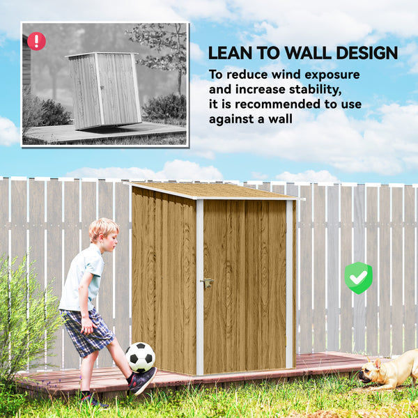 Compact galvanized steel garden shed with lockable door, wood color