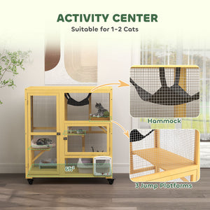 Wooden cat enclosure on wheels with cat flap, beige