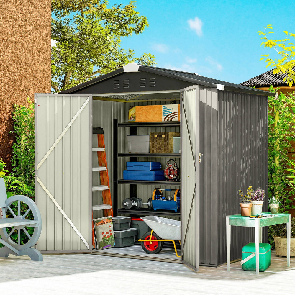 Metal garden shed, with lockable double door and 4 vents, grey