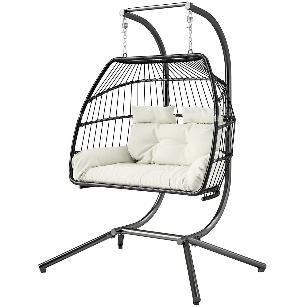 double wicker swing with hanging stand, UV-resistant cushion, cream white